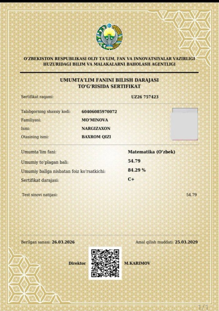 Milliy Sertifikat (A)